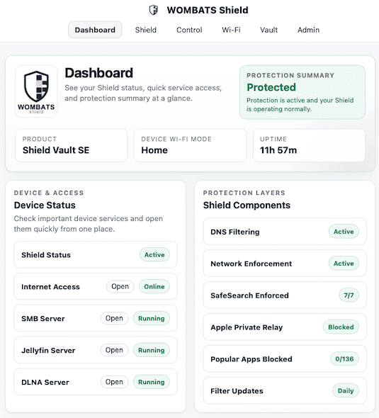 Shield Core dashboard showing device status and protection layers.