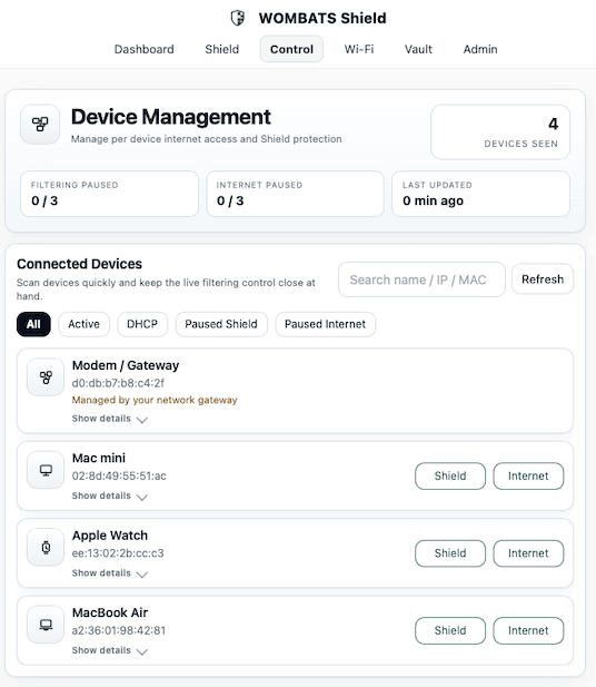 Shield Core device management screen with connected devices and controls.