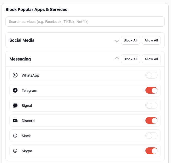 Shield Edge popular apps and services blocking controls.