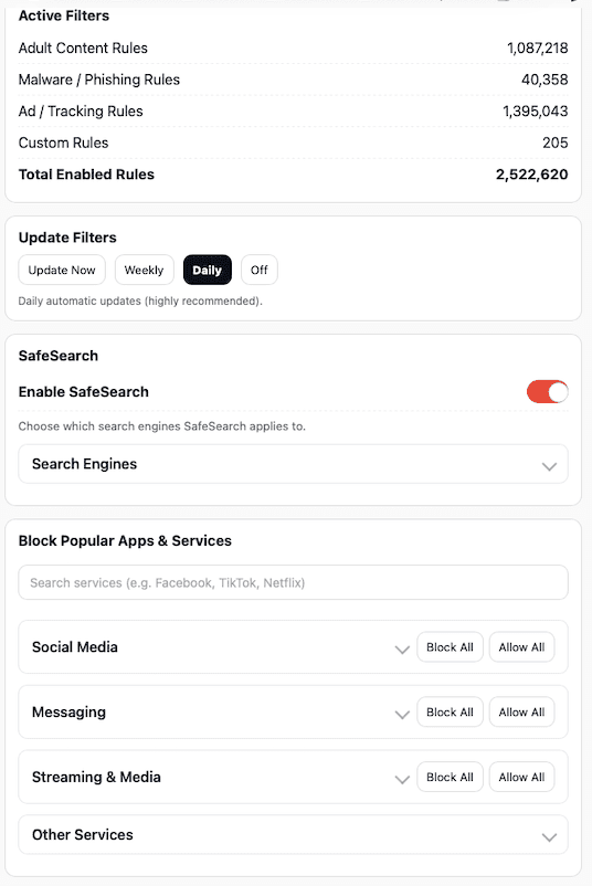 Shield Core dashboard with travel mode and DNS traffic insight.