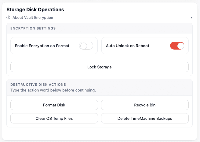 Shield Vault storage disk operations with encryption settings.