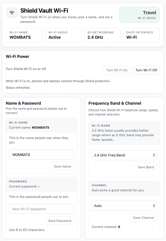 Shield Vault Wi-Fi settings with travel mode active.