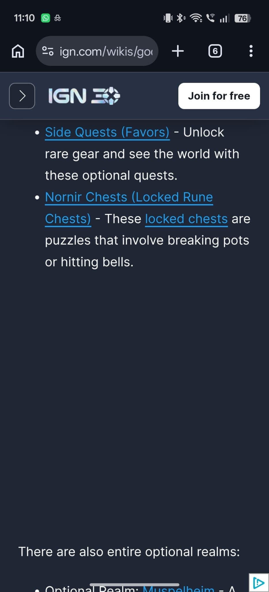 A gaming wiki page on a phone connected to home Wi-Fi behind a WOMBATS Shield. The article text is there and the advertising block is absent. The status bar shows a Wi-Fi icon and the time 11:10.