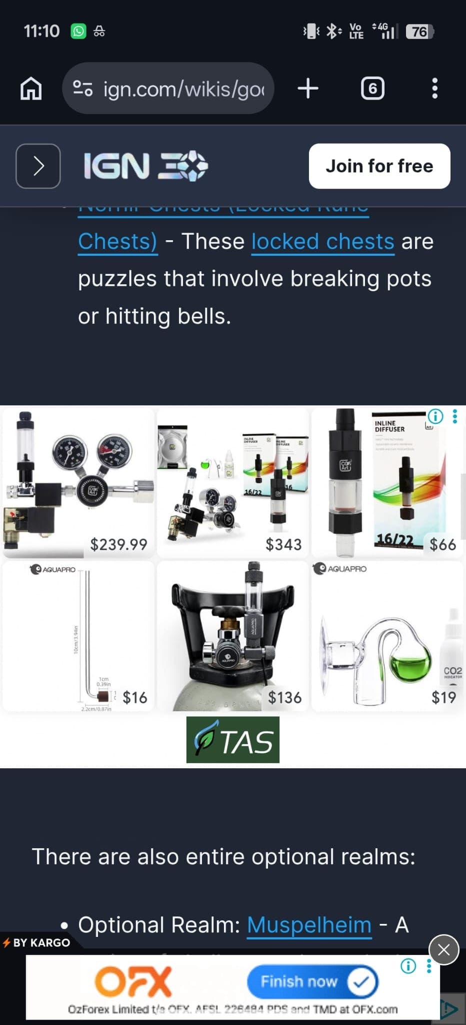 The same gaming wiki page on the same phone on mobile data, without the Shield. A block of adverts for aquarium CO2 regulators, diffusers and cylinders now sits in the middle of the article, priced from sixteen to three hundred and forty-three dollars. The status bar shows 4G LTE and the time 11:10.