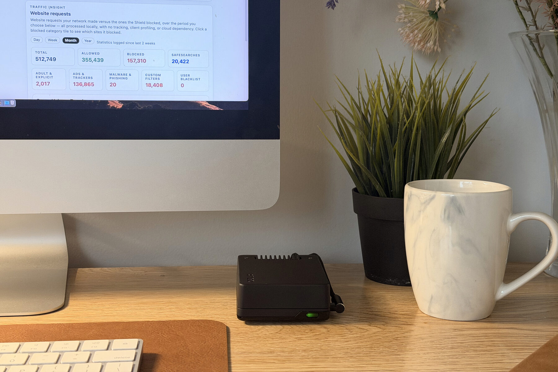 Shield Core on an oak desk beside an Apple keyboard, a plant and a mug, green status light on. Behind it an iMac shows the Shield dashboard's Website requests panel: 512,749 requests, 157,310 blocked.