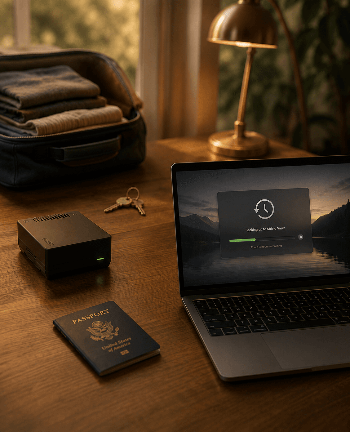 WOMBATS Shield Vault on a warm wood desk with a passport, a laptop running an encrypted backup, and a partially packed carry-on in soft focus.