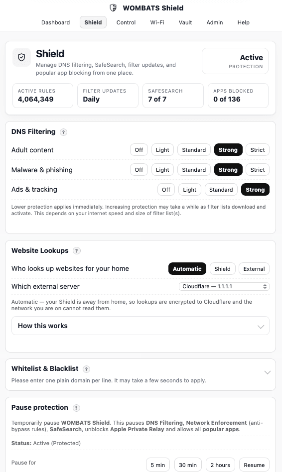 The Website Lookups control on Shield's local dashboard: Automatic, Shield, or an external provider, with Cloudflare shown as the default external server.