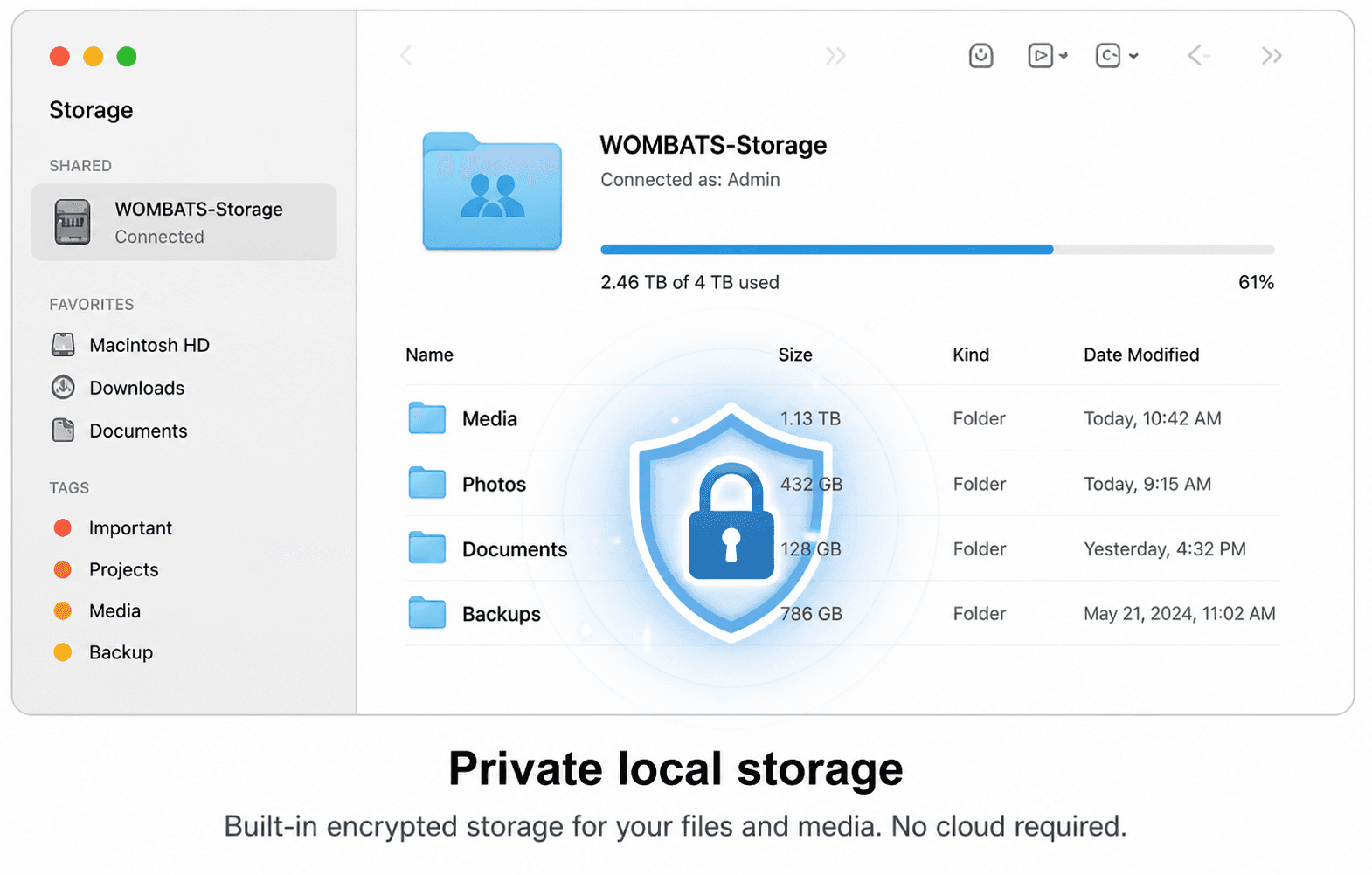 Encrypted local storage on WOMBATS Shield Vault.