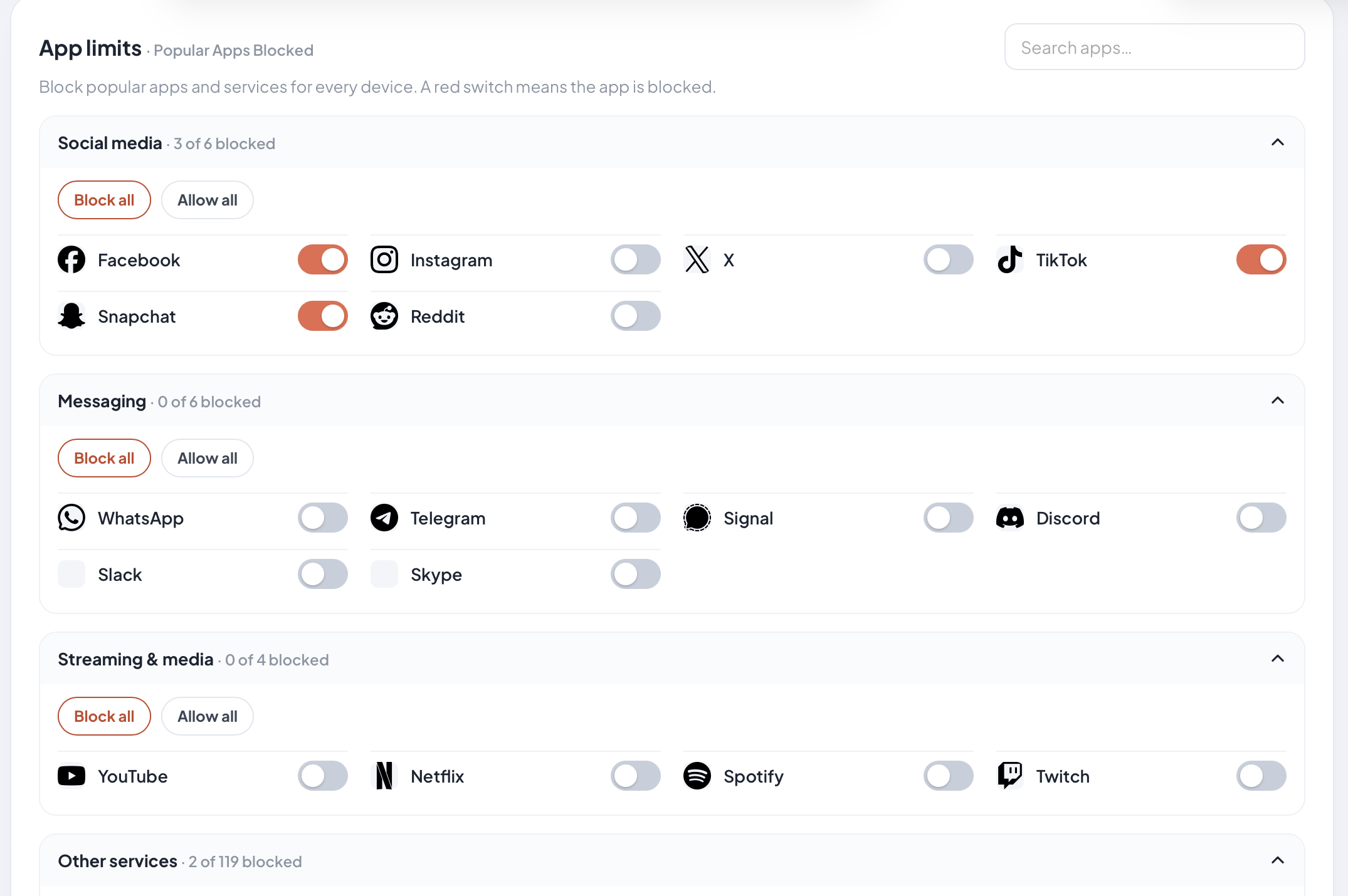 App limits for the whole house: switches for social media, messaging and streaming apps, with Facebook, TikTok and Snapchat switched to blocked.