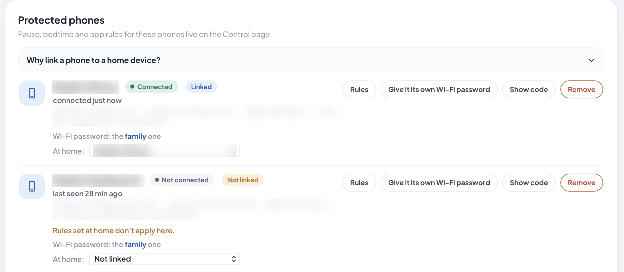 The Follow-Me page on a Shield Vault: a phone marked Connected and Linked, and a laptop, each with buttons to set its rules, give it its own Wi-Fi password or show its code. Names and network addresses are blurred.