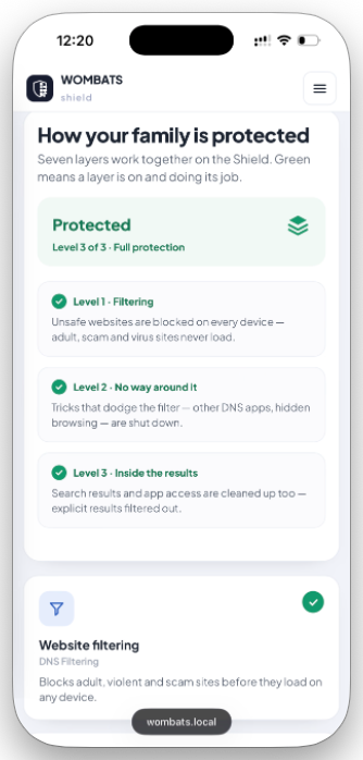 The Shield dashboard on a phone: How your family is protected, reading Protected, level 3 of 3, full protection.