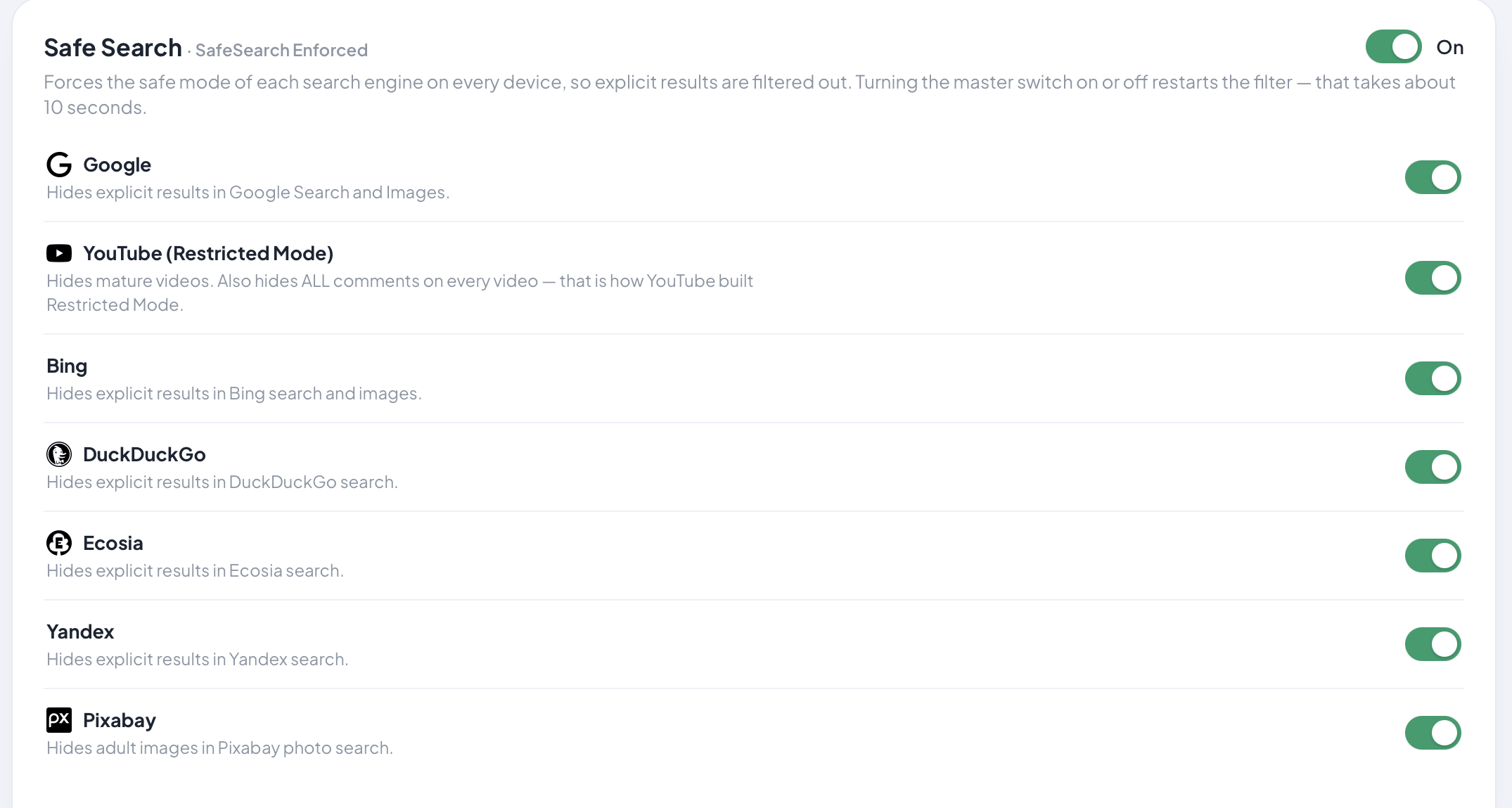 SafeSearch settings with the master switch on, and switches for Google, YouTube Restricted Mode, Bing, DuckDuckGo, Ecosia, Yandex and Pixabay, all on.